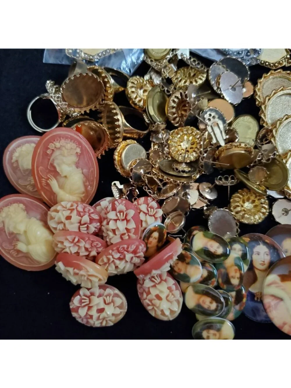 Vintage Cameo Lot Cabochon Settings Acrylic Metal Brooch Ring Earrings DYI Craft